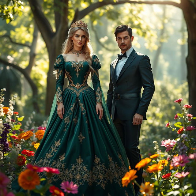 A regal queen standing gracefully beside a handsome nobleman in a lush, enchanted garden