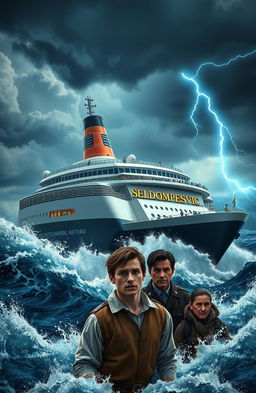 A colossal cruise ship named SELDOMPESVIC navigates through treacherous ocean waters, with ominous storm clouds filling the sky