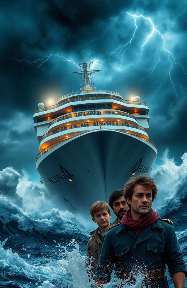 A colossal cruise ship named SELDOMPESVIC navigates through treacherous ocean waters, with ominous storm clouds filling the sky