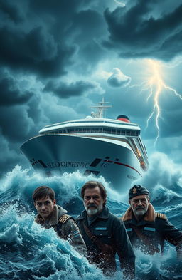 A colossal cruise ship named SELDOMPESVIC navigates through treacherous ocean waters, with ominous storm clouds filling the sky
