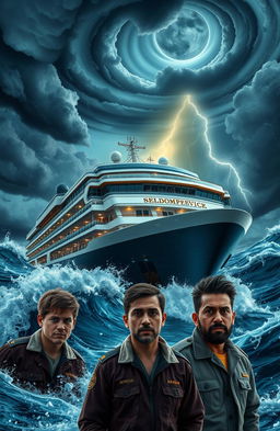 A colossal cruise ship named SELDOMPESVIC navigates through treacherous ocean waters, with ominous storm clouds filling the sky