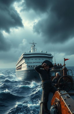 A colossal cruise ship named SELDOMPESVIC embarking on a perilous journey across an endless ocean