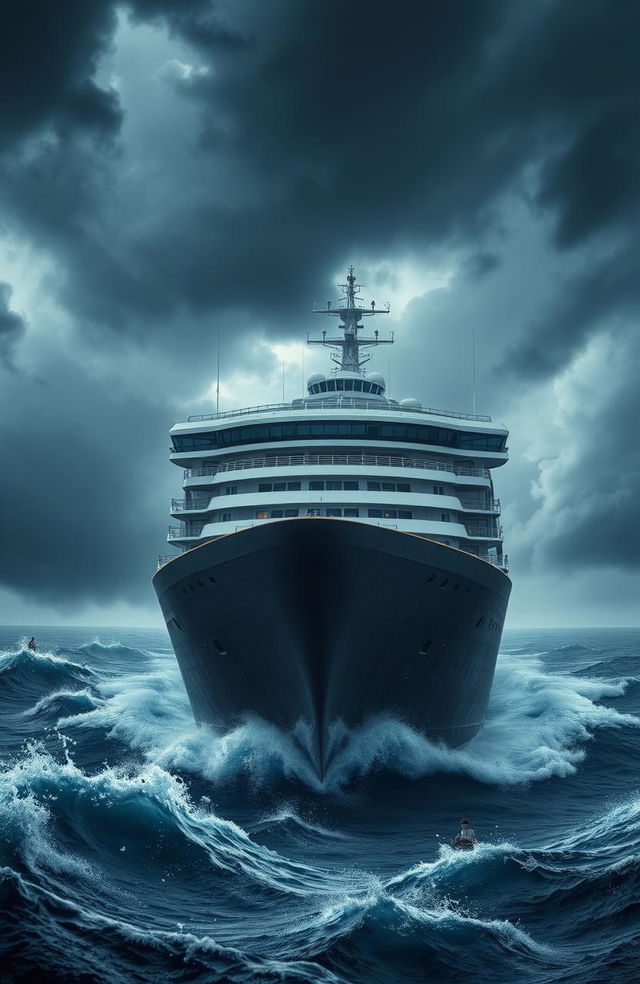 A colossal cruise ship named SELDOMPESVIC embarking on a perilous journey across an endless ocean