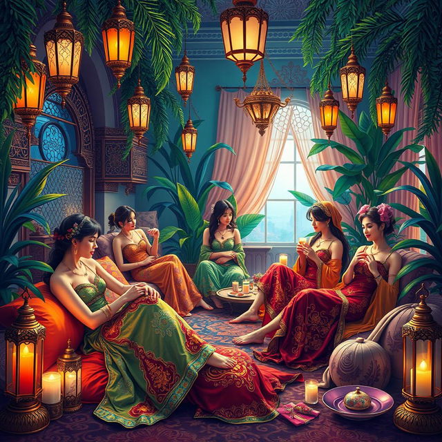 A vibrant and colorful depiction of a women's harem, showcasing a serene and luxurious atmosphere