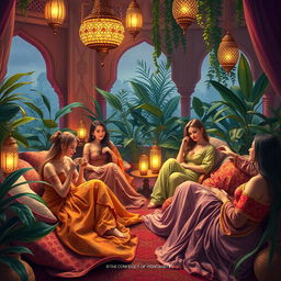 A vibrant and colorful depiction of a women's harem, showcasing a serene and luxurious atmosphere