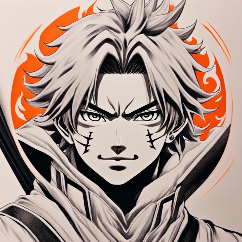 90s anime-inspired, hyper-realistic pencil sketch of Demon Slayer's Rengoku Kyojuro with a circular flame border.