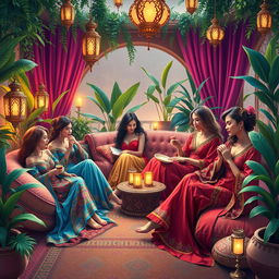 A vibrant and colorful depiction of a women's harem, showcasing a serene and luxurious atmosphere