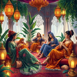 A vibrant and colorful depiction of a women's harem, showcasing a serene and luxurious atmosphere