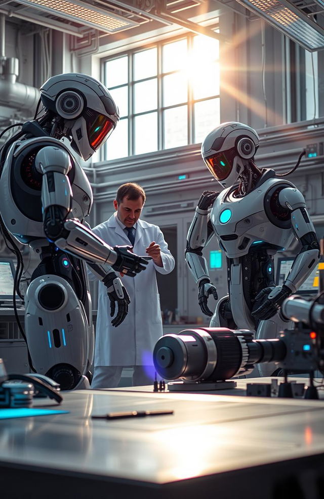 A futuristic robotics laboratory showcasing advanced humanoid robots working alongside scientists