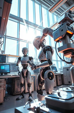 A futuristic robotics laboratory showcasing advanced humanoid robots working alongside scientists