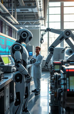 A futuristic robotics laboratory showcasing advanced humanoid robots working alongside scientists
