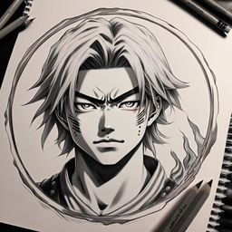 90s anime-inspired, hyper-realistic pencil sketch of Demon Slayer's Rengoku Kyojuro with a circular flame border.