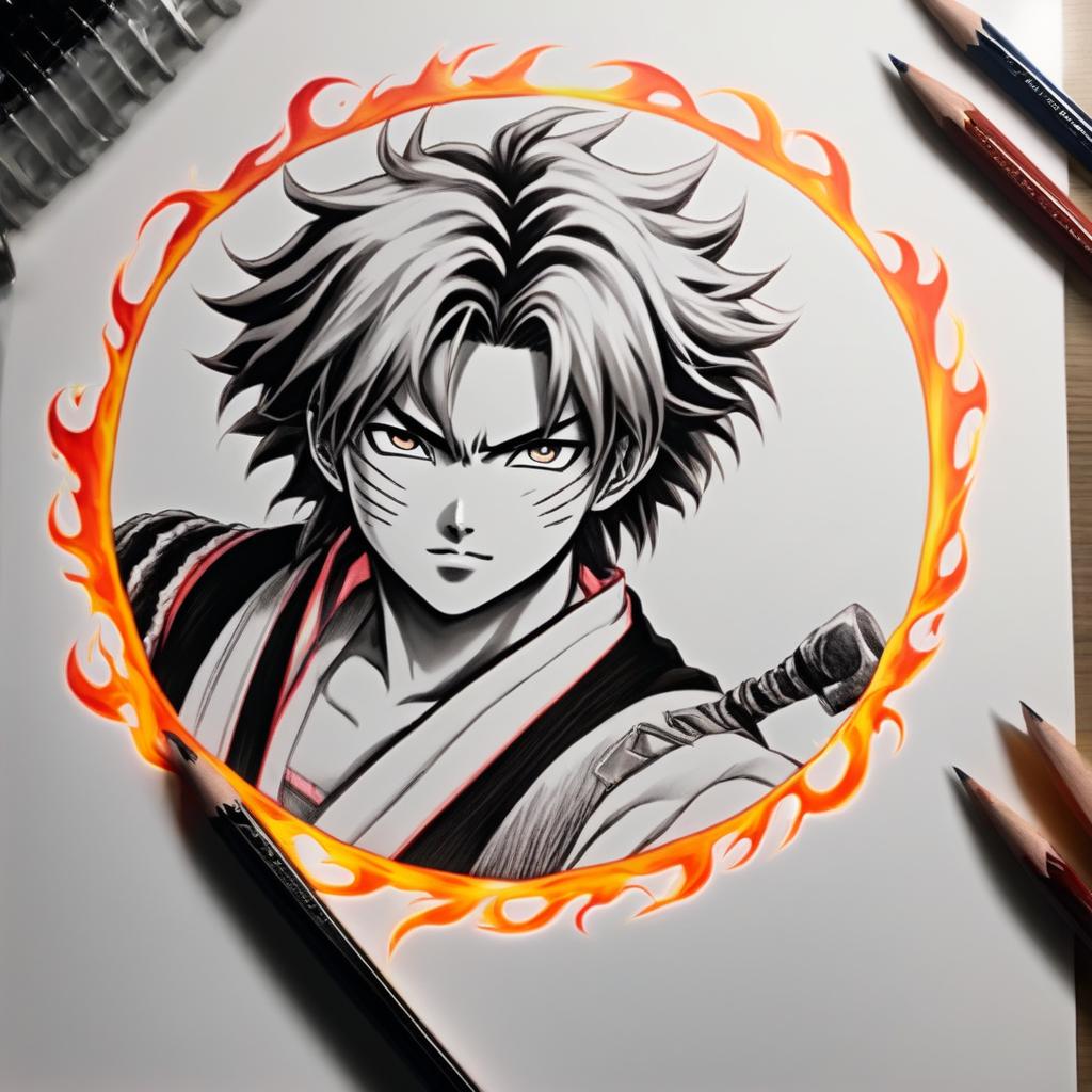 90s anime-inspired, hyper-realistic pencil sketch of Demon Slayer's Rengoku Kyojuro with a circular flame border.