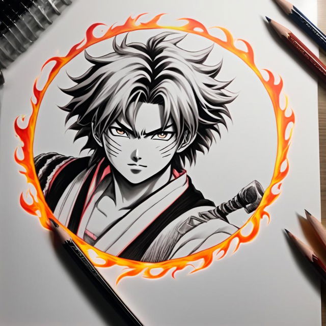 90s anime-inspired, hyper-realistic pencil sketch of Demon Slayer's Rengoku Kyojuro with a circular flame border.