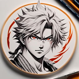 90s anime-inspired, hyper-realistic pencil sketch of Demon Slayer's Rengoku Kyojuro with a circular flame border.