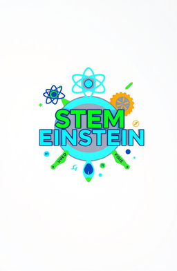 A creative and modern logo that embodies the essence of Science, Technology, Engineering, and Mathematics (STEM), featuring the phrase 'STEM EINSTEIN' prominently integrated into the design