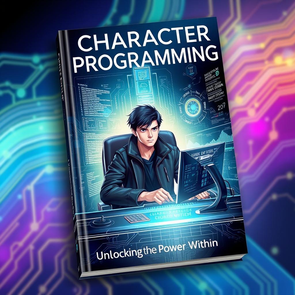 A visually striking book cover design featuring a central character deeply engaged in the act of programming