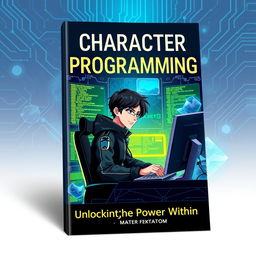 A visually striking book cover design featuring a central character deeply engaged in the act of programming