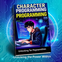 A visually striking book cover design featuring a central character deeply engaged in the act of programming