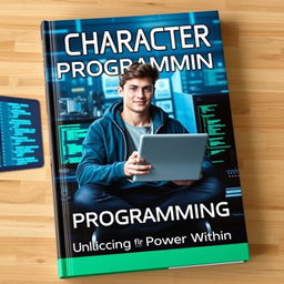 A book cover featuring a central character that embodies the concept of programming and technology, perhaps a confident young adult with a laptop in their hands, seated in a modern, high-tech environment