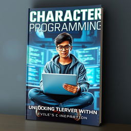 A book cover featuring a central character that embodies the concept of programming and technology, perhaps a confident young adult with a laptop in their hands, seated in a modern, high-tech environment