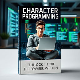 A book cover featuring a central character that embodies the concept of programming and technology, perhaps a confident young adult with a laptop in their hands, seated in a modern, high-tech environment