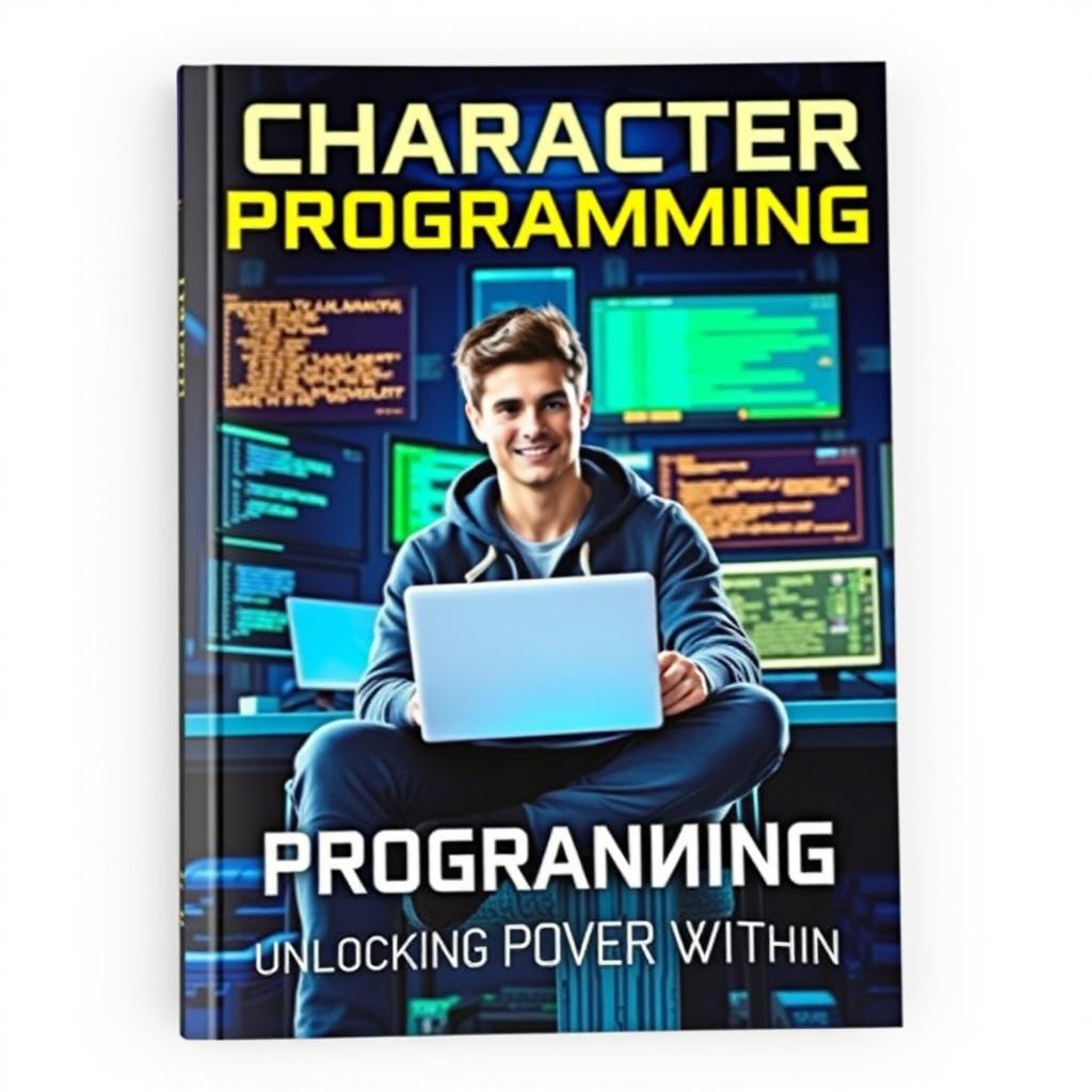 A book cover featuring a central character that embodies the concept of programming and technology, perhaps a confident young adult with a laptop in their hands, seated in a modern, high-tech environment