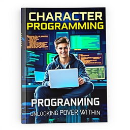 A book cover featuring a central character that embodies the concept of programming and technology, perhaps a confident young adult with a laptop in their hands, seated in a modern, high-tech environment