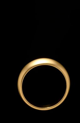 A simple gold ring positioned sideways against a mysterious black background, creating a striking contrast