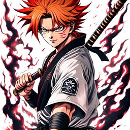 Detailed pencil drawing of Demon Slayer's Rengoku in 90s anime style, featuring his fiery hair, vibrant eyes, traditional uniform, and katana.