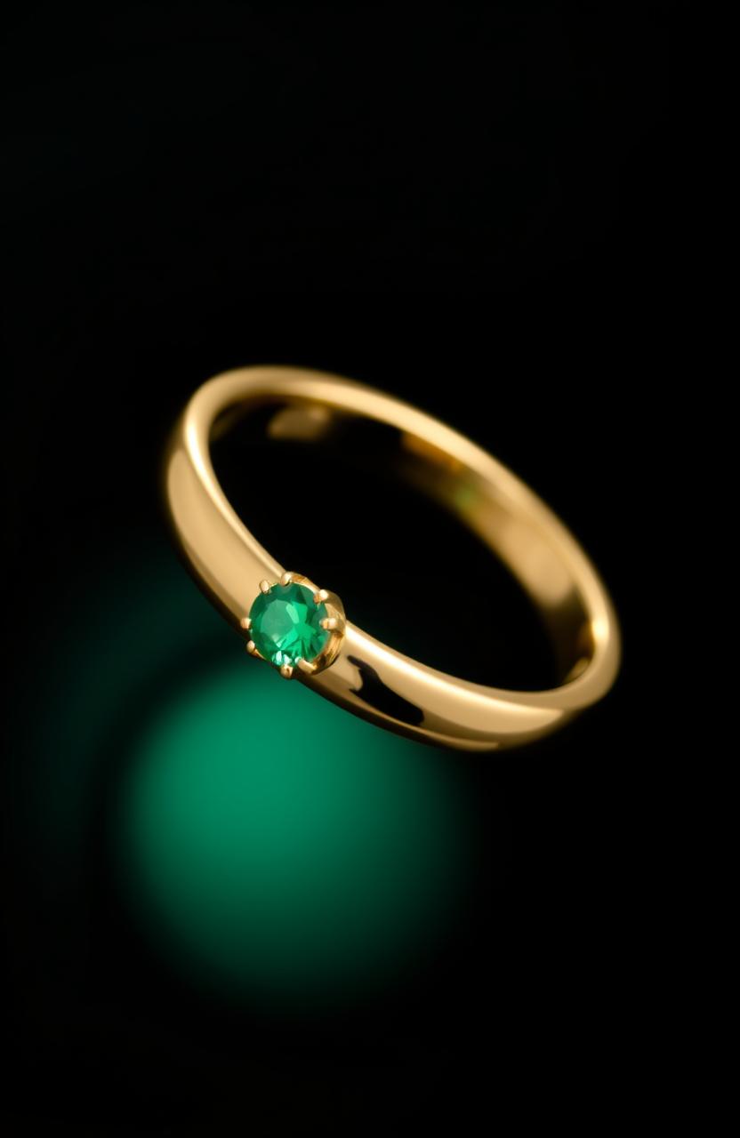 A simple golden ring with an emerald stone, positioned sideways, set against a mysterious black background