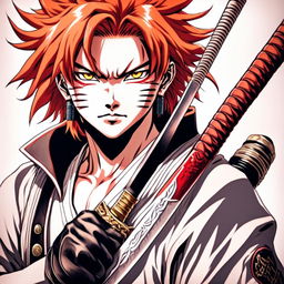 Detailed pencil drawing of Demon Slayer's Rengoku in 90s anime style, featuring his fiery hair, vibrant eyes, traditional uniform, and katana.