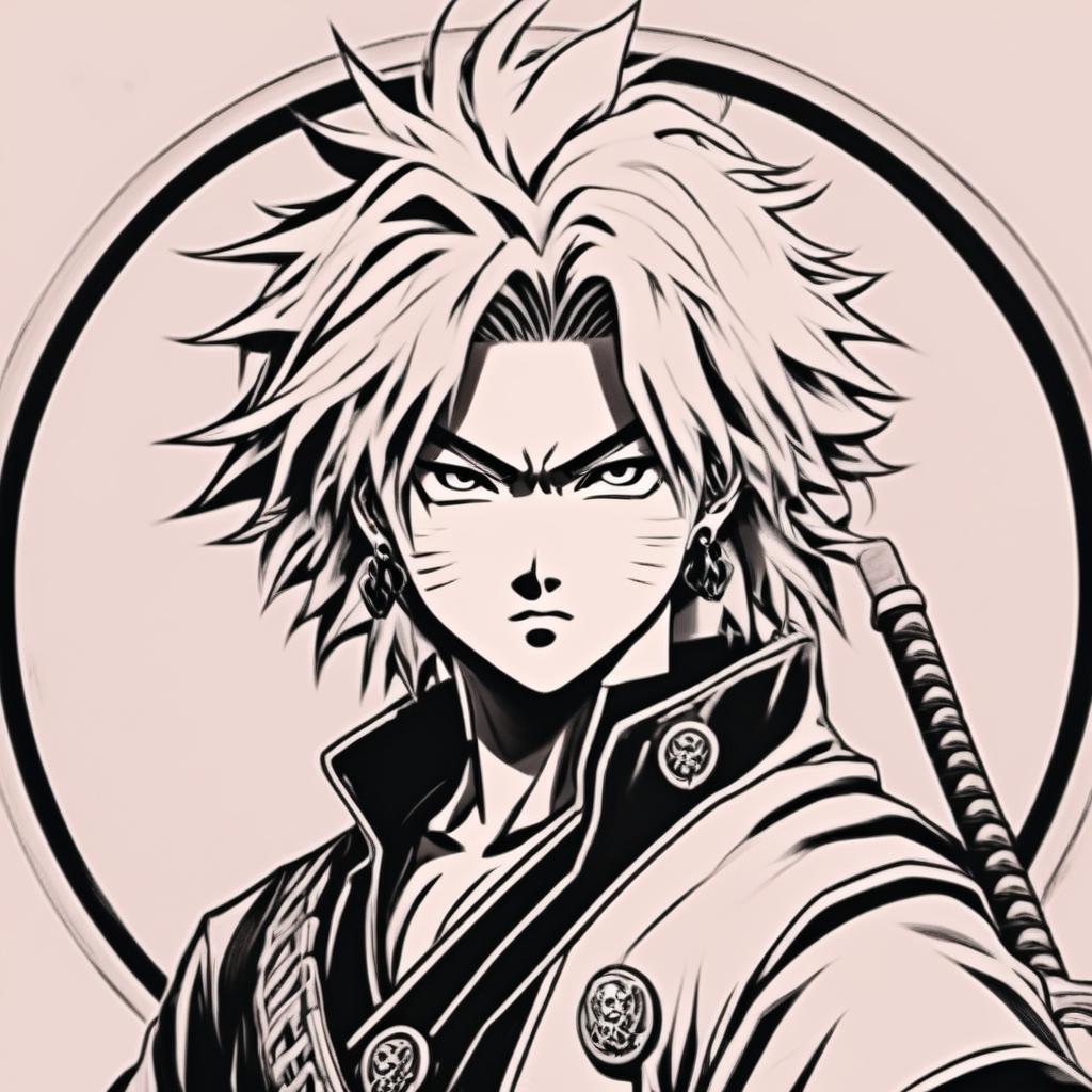 Black and white pencil drawing of Demon Slayer's Rengoku in 90s anime style within a circular border, featuring his detailed hair, expressive eyes, traditional uniform, and katana.