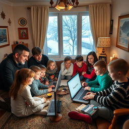 A large Russian family gathered around their computers in a cozy living room, with children engaging in online lessons