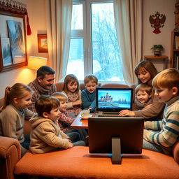 A large Russian family gathered around their computers in a cozy living room, with children engaging in online lessons