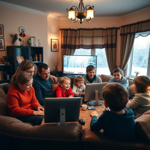 A large Russian family gathered around their computers in a cozy living room, with children engaging in online lessons