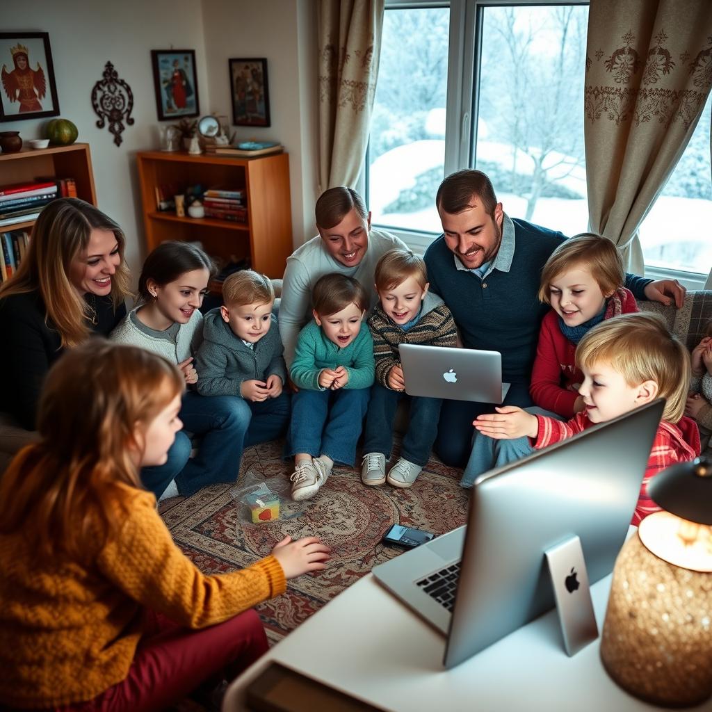 A large Russian family gathered around their computers in a cozy living room, with children engaging in online lessons