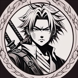 Black and white pencil drawing of Demon Slayer's Rengoku in 90s anime style within a circular border, featuring his detailed hair, expressive eyes, traditional uniform, and katana.