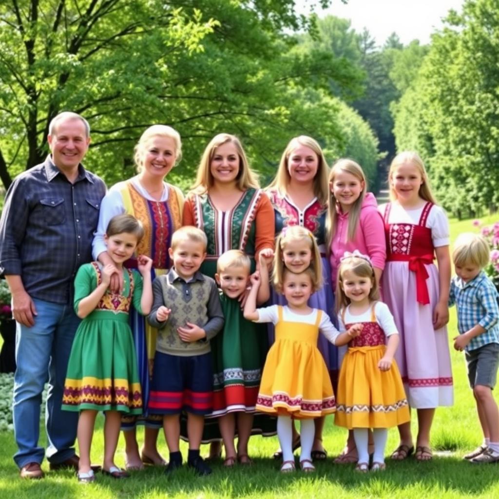 A large Russian family posed together in a picturesque outdoor setting, showcasing their close-knit bond