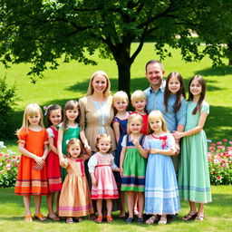 A large Russian family posed together in a picturesque outdoor setting, showcasing their close-knit bond