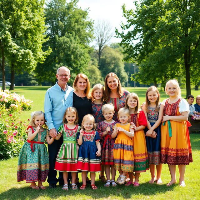 A large Russian family posed together in a picturesque outdoor setting, showcasing their close-knit bond