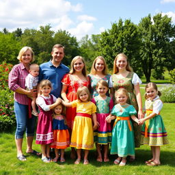 A large Russian family posed together in a picturesque outdoor setting, showcasing their close-knit bond