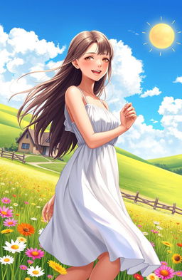 A vibrant and colorful digital art piece depicting a sunny summer day in the countryside