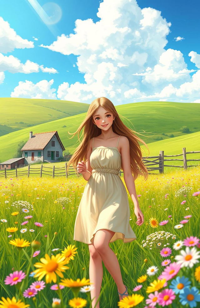 A vibrant and colorful digital art piece depicting a sunny summer day in the countryside