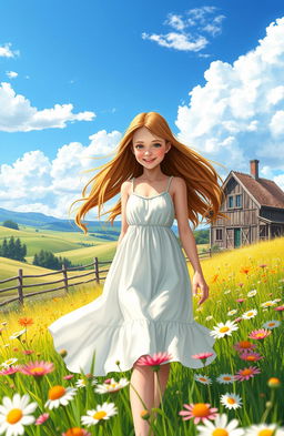 A vibrant and colorful digital art piece depicting a sunny summer day in the countryside