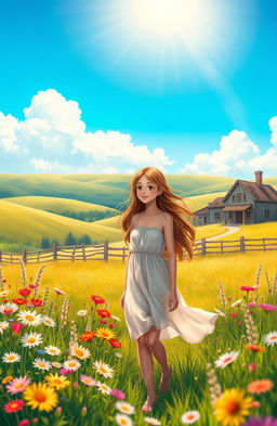 A vibrant and colorful digital art piece depicting a sunny summer day in the countryside