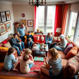 A large Russian family gathered in their vibrant apartment, showcasing a lively indoor scene
