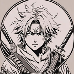 Black and white pencil drawing of Demon Slayer's Rengoku in 90s anime style within a circular border, featuring his detailed hair, expressive eyes, traditional uniform, and katana.