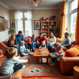 A large Russian family gathered in their vibrant apartment, showcasing a lively indoor scene