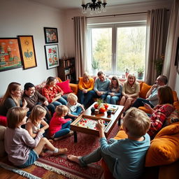A large Russian family gathered in their vibrant apartment, showcasing a lively indoor scene